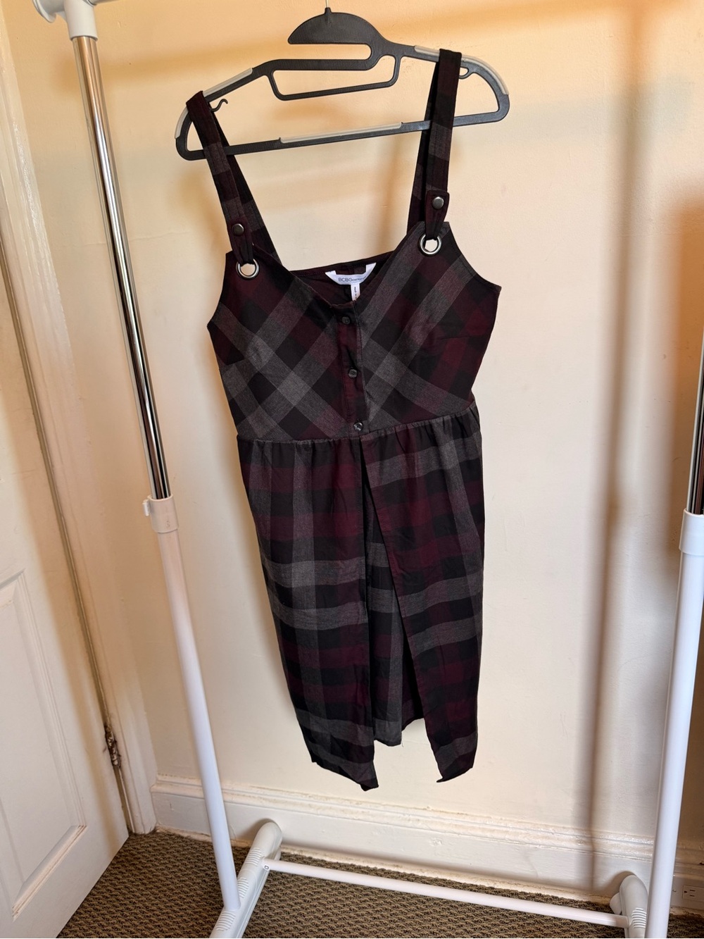 BCBGeneration Burgundy and Charcoal Plaid Pinafore Dress